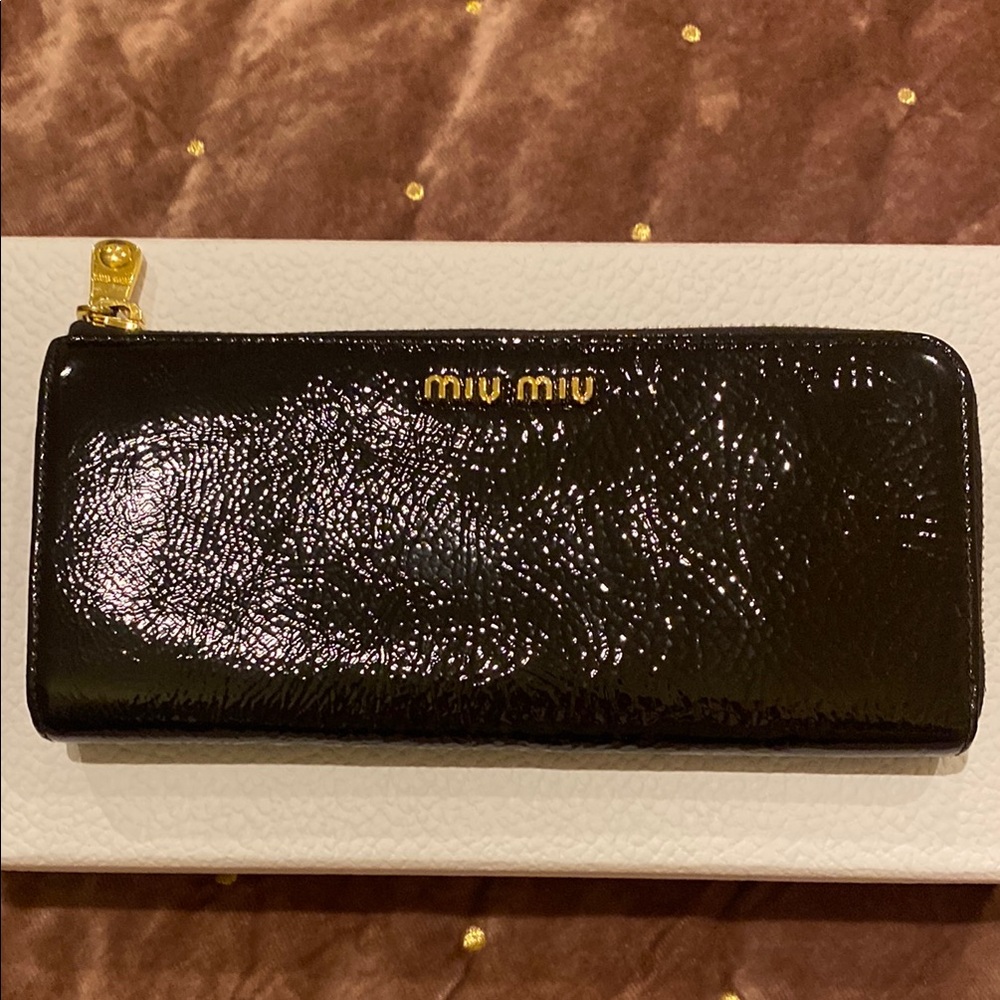 Miu Miu Glossy Dark Chocolate  Wallet with Gold Accents